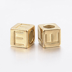 Golden 304 Stainless Steel Large Hole Letter European Beads, Horizontal Hole, Cube with Letter.E, Golden, 8x8x8mm, Hole: 5mm