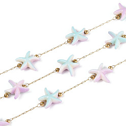 Синтетическая Бирюза Ручная работа 316 цепочки из нержавеющей стали в форме морской звезды, с синтетической бирюзой и бусинами из нержавеющей стали, пайки, с катушкой, реальный 18 k позолоченный, ионное покрытие (ip), 10x9x4 мм, около 16.40 футов (5 м) / рулон