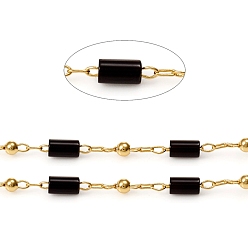 Black Agate Handmade Natural Black Agate Beaded Chains, Real 18K Gold Plated Plated Brass Chains, Soldered, with Spool, Long-Lasting Plated, 4~5x2~2.5mm, Beads: 2mm, Link: 2x1x0.2mm and 2x1.5x0.2mm, about 32.8 Feet(10m)/roll