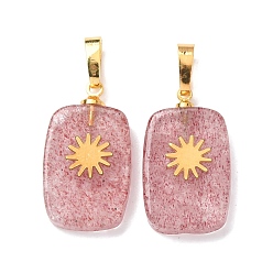 Клубничный Кварц Натуральные кварцевые подвески из клубники, с латунной фурнитурой и 304 кабошонами из нержавеющей стали, золотые, Прямоугольные подвески с узором в виде солнца, 23~23.5x13~13.5x3.5~4.5 мм, отверстие : 7.5x4 мм