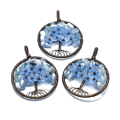 Aquamarine Natural Aquamarine Pendants, with Acrylic and Brass Findings, Flat Round with Tree of Life, 59x47~47.5x9.5~10mm, Hole: 4mm