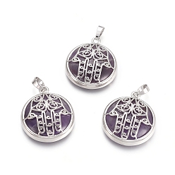 Аметист Подвески из натурального аметиста , с латунной фурнитурой платинового цвета, квартира с рукой хамсы/рукой мириам, 31x27.5x8.5 мм, отверстие : 6.5x4 мм