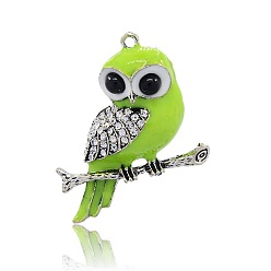 Лайм Старинные антикварные сплава серебра эмаль сова большие кулоны, со стразами, желто-зеленые, 52x43x8 мм, отверстие : 2 мм
