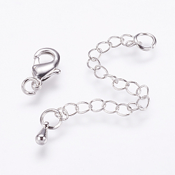 Real Platinum Plated Long-Lasting Plated Brass Chain Extender, with Lobster Claw Clasps and Bead Tips, Real Platinum Plated, 12x7x3mm, Hole: 3.5mm, Extend Chain: 65mm, ring: 5x1mm