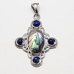 Синий Кулон с панцирем, лазурит chipswith латуни кулон настройка, крестик, Платиновый металл, синие, 40x29~30x4.5 мм, отверстие : 7x4 мм