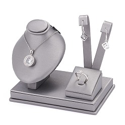 Light Grey Wooden Clovered with PU Leather Jewelry Displays, with Sponge and Paper Card, Light Grey, 8.5x14.7x11.8cm