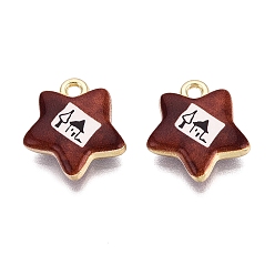 Sienna Printed Alloy Pendants, Rack Plating, Star with House Charms, Cadmium Free & Nickel Free & Lead Free, Golden, Sienna, 16.5x15x3.5mm, Hole: 1.8mm
