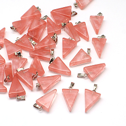 Вишневый Кварц Треугольник вишня из кварцевого стекла подвески, с латунной фурнитурой платинового цвета, 22~25x14~15x5~7 мм, отверстие : 2x7 мм