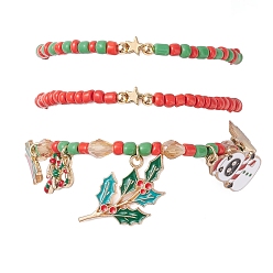 (52) Непрозрачная лаванда 3шт. наборы браслетов из стеклянных бусин с рождественской тематикой, с подвесками из эмали и сплава , разноцветные, внутренний диаметр: 2-1/4~2-1/2 дюйм (5.8~6.2 см)