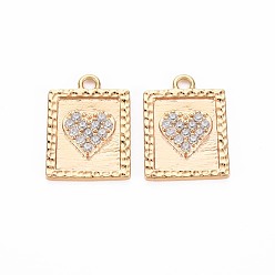 Real 18K Gold Plated Brass Micro Pave Clear Cubic Zirconia Pendants, Nickel Free, Rectangle with Heart, Real 18K Gold Plated, 19x24x2mm, Hole: 1.8mm