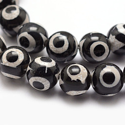 Black Tibetan Style 3-Eye dZi Beads, Natural Agate Bead Strands, Round, Dyed & Heated, Black, 10mm, Hole: 1mm, about 18pcs/strand, 7.5 inch