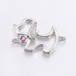 Платинированный Соединители звеньев для щенков из латуни с кубическим цирконием, долговечный, Реальная платина, силуэт собаки, 10x16x2.5 мм, отверстие : 0.5 мм
