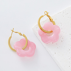 Pink 304 Pendientes colgantes de aro de resina y acero inoxidable para mujer, flor, dorado, rosa, 23x25 mm