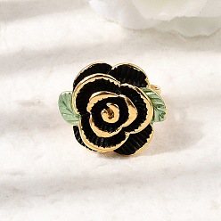 Черный 304 эмалированные перстни из нержавеющей стали для женщин, цветок розы, золотые, чёрные, 24x27.5 мм, 18 мм