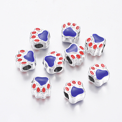 Синий Эмали сплава Европейский бисером, бусины с большим отверстием, с рисунками собачих следов, серебряный цвет гальваническим, синие, 11x10x7 мм, отверстие : 4.5 мм