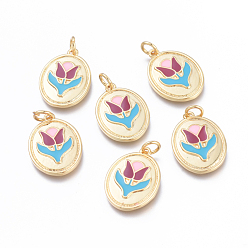 Echt 18 k vergoldet Messing Anhänger & Charms, mit Emaille und Biegeringen, langlebig überzogen, cadmiumfrei und bleifrei und nickelfrei, oval mit Tulpe, Farbig, echt 18 k vergoldet, 19x14x2.5 mm, Bohrung: 3.4 mm