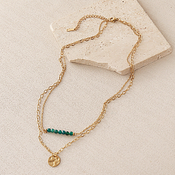 Green Onyx Agate 304 Stainless Steel Textured Coin Pendant Double Layer Necklaces, Faceted Round Natural Green Onyx Agate(Dyed & Heated) Necklaces for Women, Real 18K Gold Plated, 15.75 inch(40cm)