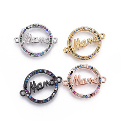 Mixed Color Brass Micro Pave Cubic Zirconia Links, For Mother's Day Jewelry Making, Flat Round with Word Mama, Colorful, Mixed Color, 16x20.5x2mm, Hole: 1.4mm