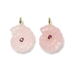 Розовый Кварц Природного розового кварца подвески, подвески-ракушки с покрытием из золотистой латуни с микропаве из кубических цирконий, 32~32.5x22.5~23x9~10 мм, отверстие : 4 мм