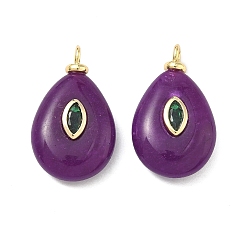 Белый Нефрит Натурального белого нефрита подвески, Плоские подвески в форме капли с латунными фианитами, инкрустированными кубическим цирконием., без кадмия и без свинца, долговечный, стойки покрытие, реальный 18 k позолоченный, фиолетовые, 25x15x6.5 мм, отверстие : 2.2 мм