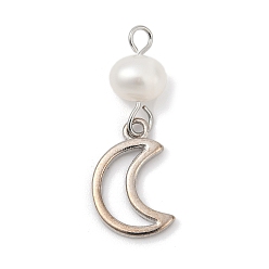 Платина Подвески из натурального пресноводного жемчуга и латуни, Луна прелести, стойки покрытие, без кадмия и без свинца, долговечный, платина, 24x8.5x5.5 мм, отверстие : 1.8 мм