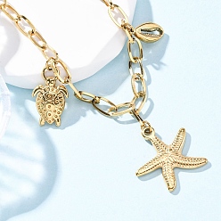 Настоящее золото 18K Летний пляж 304 ожерелья из нержавеющей стали в форме ракушек-звезд, ионное покрытие (ip), реальный 18 k позолоченный, 17.32 дюйм (44 см) в длину + 55 удлинитель мм