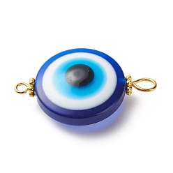Golden Transparent Evil Eye Resin Connector Charms, with Alloy Spacer Beads and Iron Double Loops, Mixed Color, Flat Round, Golden, 32x20~20.5x9~9.5mm, Hole: 1.8mm and 3.5mm