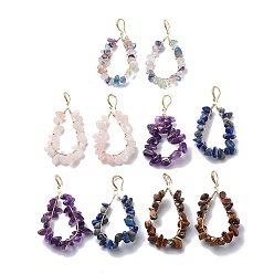 Mixed Stone 5 Pairs 5 Style Natural Mixed Gemstone Chips Teardrop Dangle Earrings, Brass Wire Wrap Big Drop Earrings for Women, Light Gold, 68~70mm, Pin: 1mm, 1 Pair/style