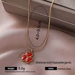 Clover Vintage 304 Stainless Steel Red Enamel Pendant Round Snake Chain Necklaces for Women, Golden, Clover, 15.75 inch(40cm)