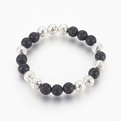 с Покрытием Серебра Стрейч-браслет из натурального вулканического камня, с гальваническими бусинами из вулканического камня, круглые, со серебряным покрытием, 2-1/8 дюйм (5.3 см)