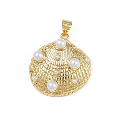 Настоящее золото 18K Латунные подвески, с ABS имитации жемчуга, оболочки прелести, без кадмия и без свинца, стойки покрытие, долговечный, реальный 18 k позолоченный, 24.5x23x8 мм, отверстие : 5x3.5 мм