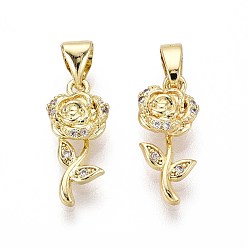 Настоящее золото 16K Латунные микро проложить кубического циркония подвески, цветок, реальный 16 k позолоченный, 16x7x4 мм, отверстие : 2~3x5 мм