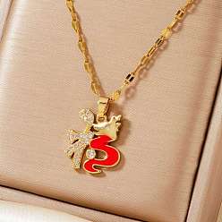 Золотой Латунные подвески с прозрачными кубическими цирконами, красным драконом и китайским иероглифом зодиака Фу, с эмалью, золотые, 15.75 дюйм (40 см)