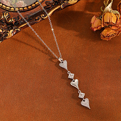 Stainless Steel Color Brass Pave Clear Cubic Zirconia Heart Tassel Long Pendant 304 Stainless Steel Cable Chain Necklaces for Women, Stainless Steel Color, 15.75 inch(40cm), Pendant: 55x9mm