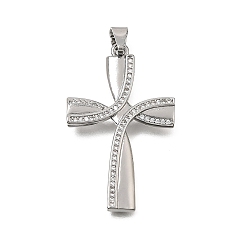 Platinum Brass Micro Pave Clear Cubic Zirconia Pendants, Curved Cross Charms, Platinum, 38x23.5x2mm, Hole: 7x3.5mm