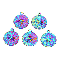 Rainbow Color Ion Plating(IP) 304 Stainless Steel Pendants, Flat Round with Compass, Rainbow Color, 30x25.5x3mm, Hole: 3mm