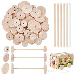 Bois Solide 66pcs roue en bois de bouleau, avec 33pcs bâton de bois, accessoires de bricolage, plat rond, burlywood, 28~50x6~10mm, Trou: 5mm