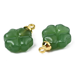 Green Glass Charms, with Golden Brass Loops, Clover, Green, 14.5x10.5x4.5mm, Hole: 1.6mm & 1mm