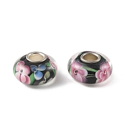 Black Lampwork & Brass Core European Beads, Large Hole Beads, Rondelle with Flower, Black, 15x7.5mm, Hole: 4mm