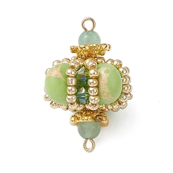 Зеленый Авантюрин Подвески-соединители в форме ромба из окрашенной синтетической императорской яшмы и стеклянных бусин ручной работы, с натуральным зеленым авантюрином и биконическими стеклянными бусинами, золотые, зелёные, 26~27x16.5~17x16.5~17 мм, отверстие : 1.2~1.8 мм