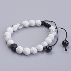 Howlite Howlith geflochtene Perlenarmbänder, mit Lavastein, schwarze Steinperlen und Nylonfaden, 1-7/8 Zoll (49 mm)