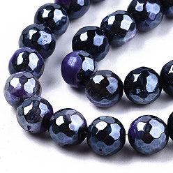 Dark Slate Blue Electroplate Natural Agate Beads Strands, Dyed, Faceted, Pearl Luster Plated, Round, Dark Slate Blue, 8.5x7~8mm, Hole: 1.2mm, about 47~48pcs/strand, 13.78 inch~13.98 inch(35cm~35.5cm)