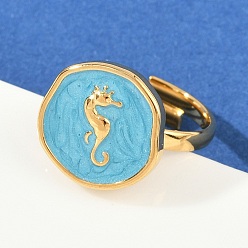 Темно-Голубой 304 эмалированные открытые манжеты из нержавеющей стали для женщин, ионное покрытие (ip), золотые, плоские круглые с морской конек, глубокое синее небо, внутренний диаметр: 17 мм, плоско-круглые: 15x15.5 mm