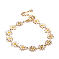 Mixed Color Enamel Daisy Link Chains Bracelet, Vacuum Plating 304 Stainless Steel Jewelry for Women, Golden, Mixed Color, 7-1/4 inch(18.4cm)