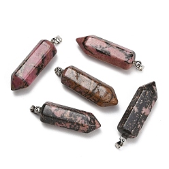 Rhodonite Natural Rhodonite Pendants, Hexagon Charms, with 304 Stainless Steel Snap on Bails, Stainless Steel Color, 49~51x13~14x15~16mm, Hole: 7.5x4mm