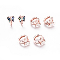 Розовое Золото Серьги-кольца из латуни с микропаве из прозрачного кубического циркония, с естественной оболочке, долговечный, бабочка, розовое золото , 8x10x2.5 мм, штифты : 1 мм