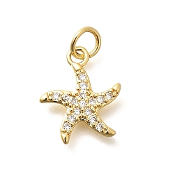 Real 18K Gold Plated Brass Micro Pave Clear Cubic Zirconia Pendants, Starfish Charms, with Jump Ring, Rack Plating, Long-Lasting Plated, Lead Free & Cadmium Free, Real 18K Gold Plated, 14.5x12x2mm, Hole: 3mm