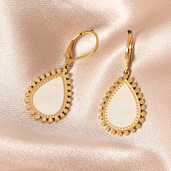 Oro 304 aretes colgantes de concha de acero inoxidable, pendientes de lágrima con cierre de palanca, dorado, 21.5x14.6 mm