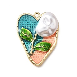 Темно-бирюзовый Подвески из эмали и сплава, с ABS имитации жемчуга, Сердце со цветками , стойки покрытие, долговечный, без свинца, без кадмии и без никеля, золотые, темные бирюзовый, 31.5x24x8 мм, отверстие : 1.8 мм