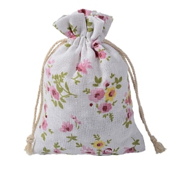 Flower Cotton Cloth Packing Pouches Drawstring Bags, Rectangle, Floral Pattern, 14x10cm